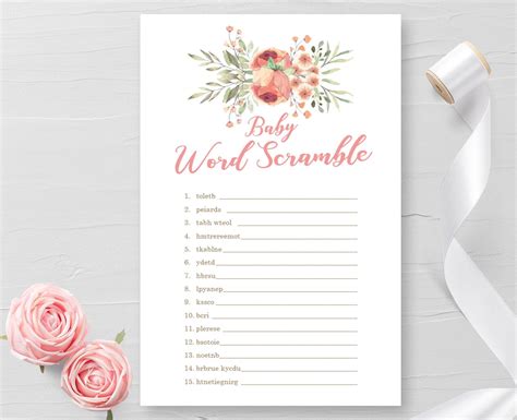Unjumble baby words for a party. Baby Word Scramble Game,Baby Shower Game, Peach Blush Floral, Girl Baby Shower Party Games ...