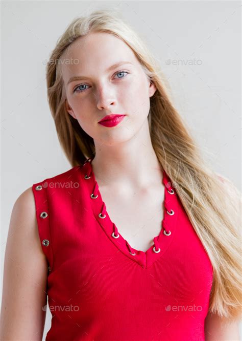 Nice Woman In Red Dress Blonde Short Hair Fashion Female Portrait Cute
