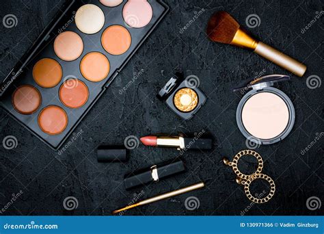 Decorative Cosmetics Nude On Dark Background Top View Stock Photo