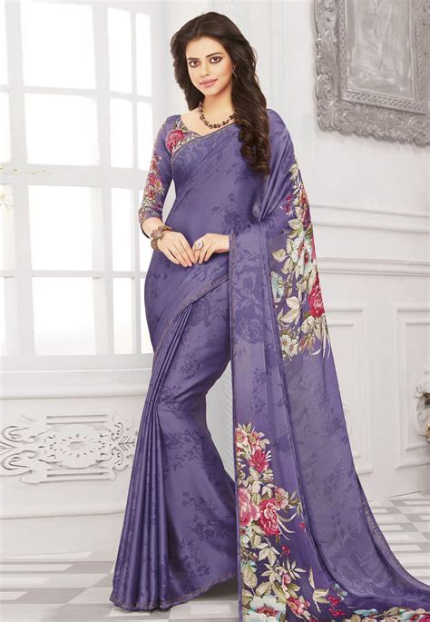 Purple Satin Saree With Blouse 156108 Saree Trends Satin Saree Blouse Design Images