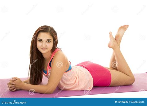 Woman Fitness Pink Lay On Stomach Legs Up Stock Image Image Of Adult