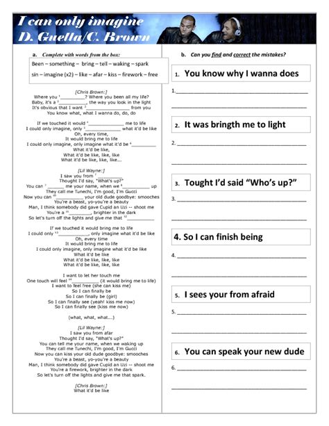 Song Worksheet I Can Only Imagine By C Brown And D Guetta