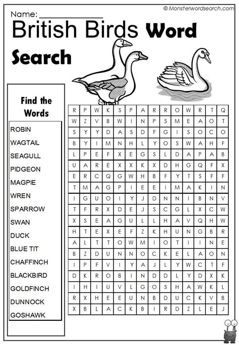 Cool British Birds Word Search Fun Activities To Do