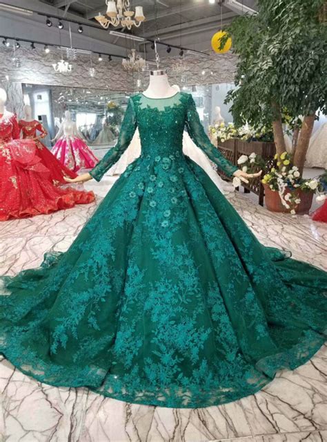 Blue Ball Gown Tulle Lace Appliques Long Sleeve Wedding Dress With Long