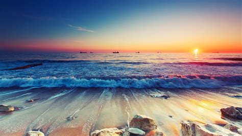Sunset Sandy Beach Sparkling Waves Ultra Hd 4k Resolution Wallpapers