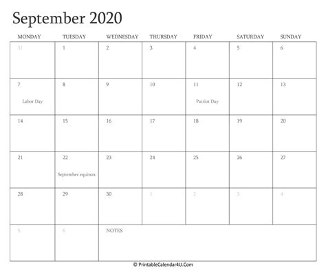 September 2020 Calendar Printable With Holidays