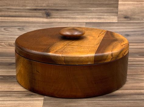 Vintage Handmade Wooden Box With Handle Round Wood Covered Storage Box