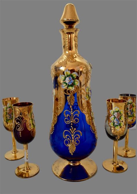 Vintage Murano Gold And Cobalt Blue Venetian Glass Hand Painted Enameled Flowers Liquor Mulled