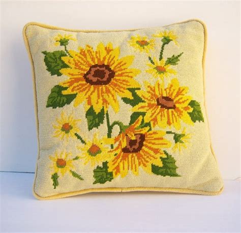 Sunflower Pillow Retro Needlepoint Golden Velvet Etsy Sunflower