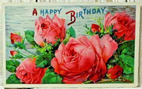 Happy Birthday Pink Roses Flowers Vintage Old Postcard Birthday