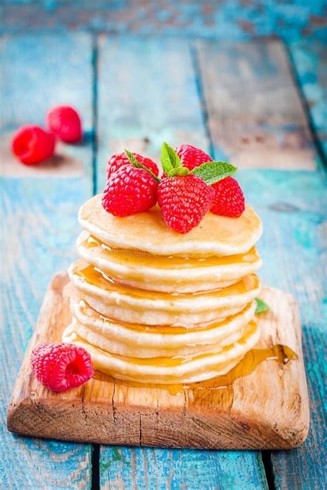 Homemade Pancakes With Honey And Raspberry Stock Image Image Of Board
