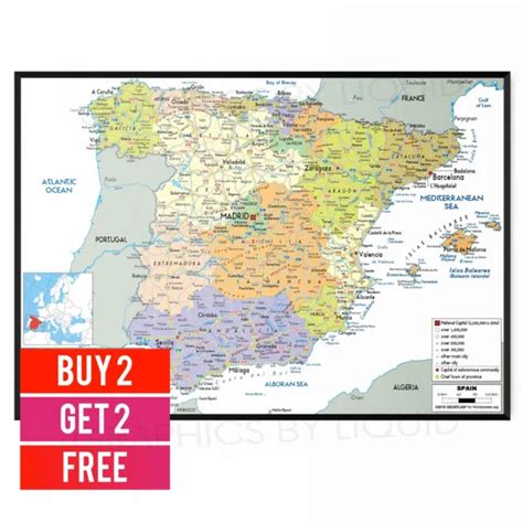 Map Of Spain And Portugal Educational Wall Chart Poster Print A5 A4