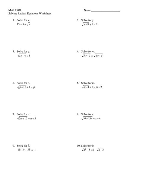 Solving Radical Equations Worksheet Algebra 2