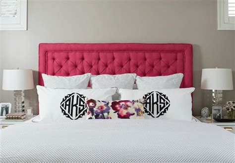 Glam Bedroom Features Hot Pink Tufted Headboard On Queen Bed Dressed