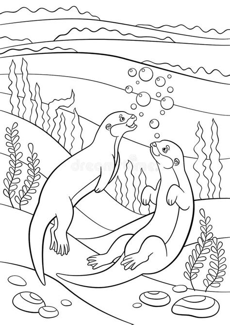Coloring Pages Two Little Cute Otters Swim Stock Vector Illustration