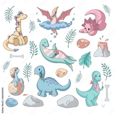 Set Of Cute Cartoon Dinosaurs Herbivores Flying And Swimming