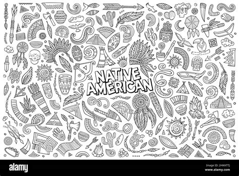 Line Art Vector Hand Drawn Doodle Cartoon Set Of Native American Theme