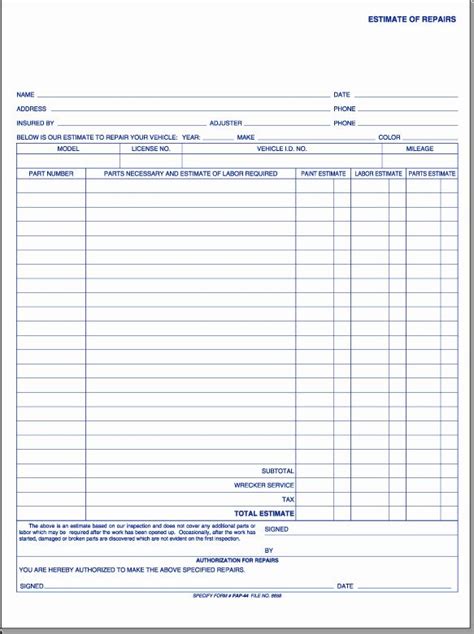 Repair Estimate Form Template Free Beautiful Free Printable Auto Body Repair Estimate Forms