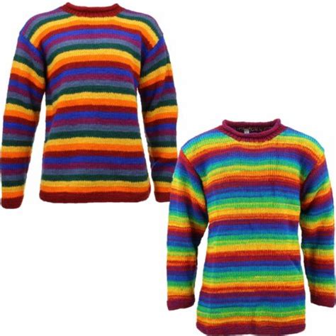 Rainbow Stripe Hippie Jumper Wool Knit Chunky Warm Festival Sweater Ebay