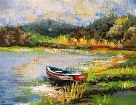 Landscape Painting The Boat On The Lake Original Acrylic Etsy