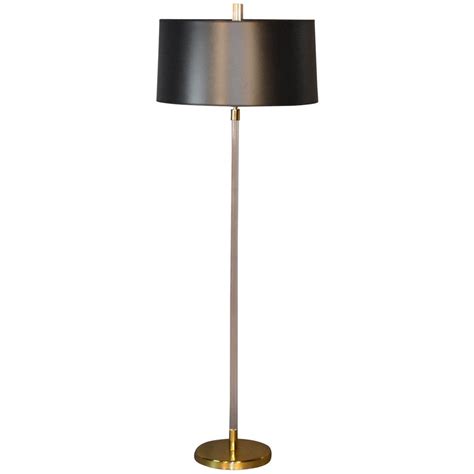Lucite Floor Lamp With Brass Base Black Shade With Gold Interior At