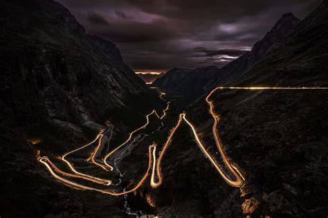 Road Night Lights Norway Mountain Landscape Long Exposure