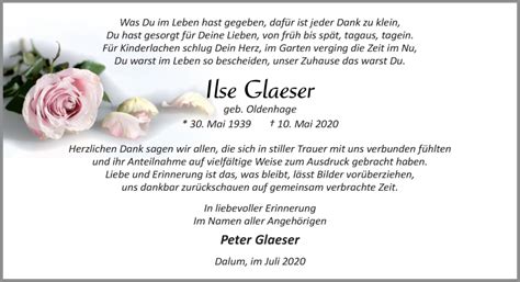 Traueranzeigen Von Ilse Glaeser Noz Trauerportal My XXX Hot Girl
