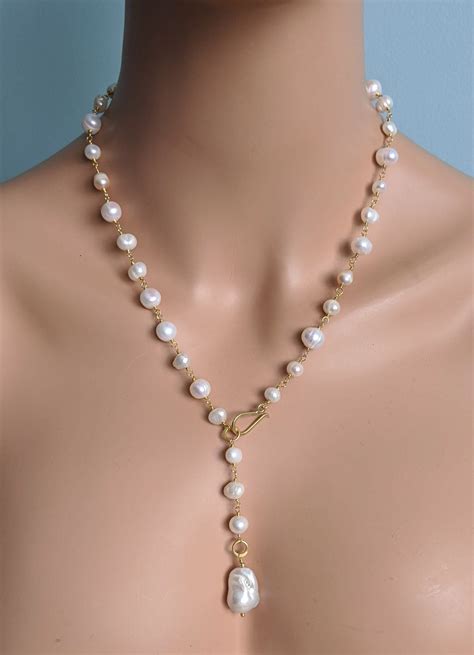 Lariat Genuine Gorgeous Cultured Baroque Pearl Necklace 24k Etsy