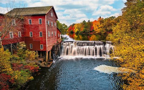 Usa Wisconsin Water Mill River Waterfalls Trees Autumn Wallpaper
