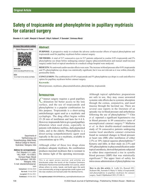 Pdf Safety Of Tropicamide And Phenylephrine In Pupillary Mydriasis