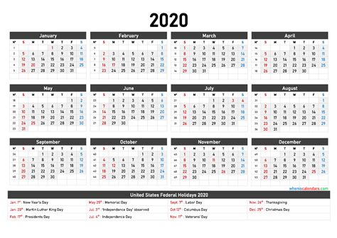 Printable 2020 Yearly Calendar 12 Templates