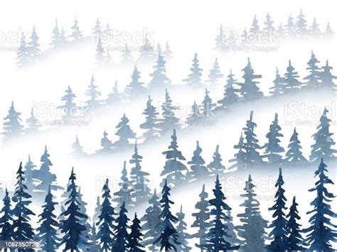 Watercolor Misty Pine Trees Landscape Christmas And New Year