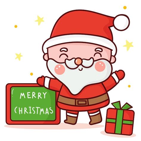 Papai Noel Fofo Com Quadro De Feliz Natal Desenho Kawaii Vetor Premium