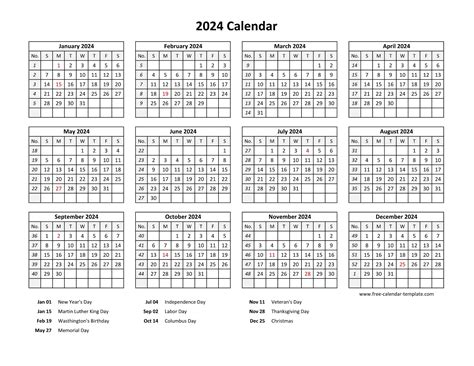 Printable Yearly Calendar 2024 With Us Holidays Free Calendar