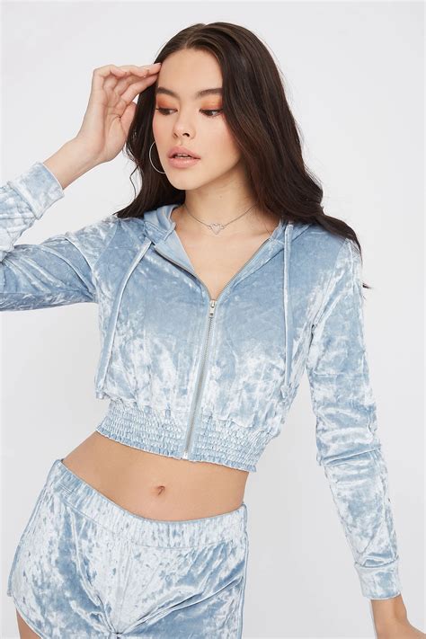 Super Soft Cropped Crushed Velvet Pajama Hoodie Urban Planet Crushed Velvet Blue Velvet Top