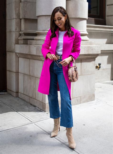 Sydne Style Shows Colorful Outfit Ideas In Hot Pink Coat And Jeans Sydne Style