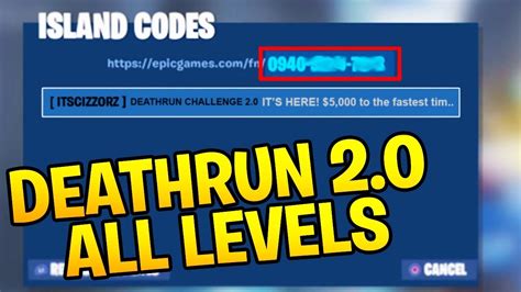 Because here we are going to share fortnite deathrun codes list features some of the best level options for players that are looking to challenge themselves. Cizzorz DEATHRUN 2.0 CODE + ALL Levels WALKTHROUGH ...