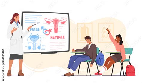 Sex Education In School Concept Teacher Female Character Stand At Blackboard Explain To