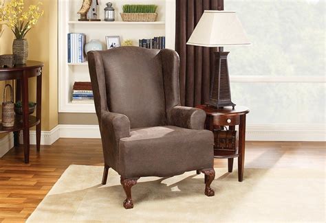 Wing chair slipcovers are easy to install as you only require tucking them in at the corners for a neat and tidy finish. Stretch Leather One Piece Wing Chair Slipcover | Form Fit ...