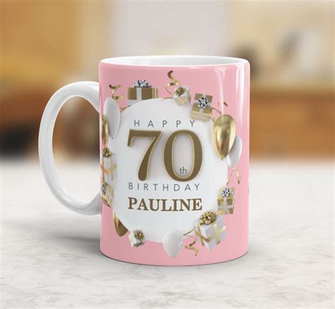 Personalised Pink Happy 70th Birthday T Mug Personalise Online