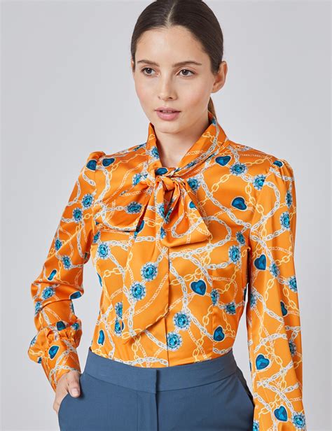 Womens Orange And Gold Floral Fitted Satin Blouse Single Cuff Pussy Bow Hawes And Curtis