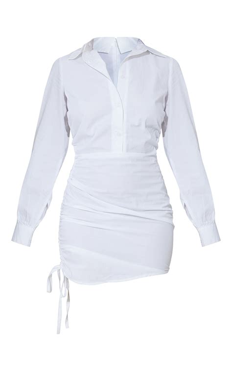 White Ruched Side Fitted Shirt Dress Prettylittlething