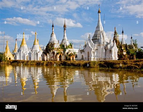 Myanmar Burma Lake Inle Buddhist Shrines Reflected In The Waters Of