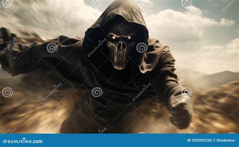 Scary Hyper Realistic Reaper Running Across Fields Stock Illustration
