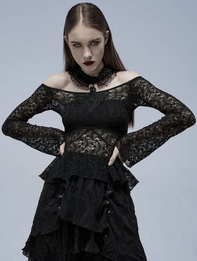 Punk Rave Black Gothic Off The Shoulder Sexy Perspective Lace Shirt For