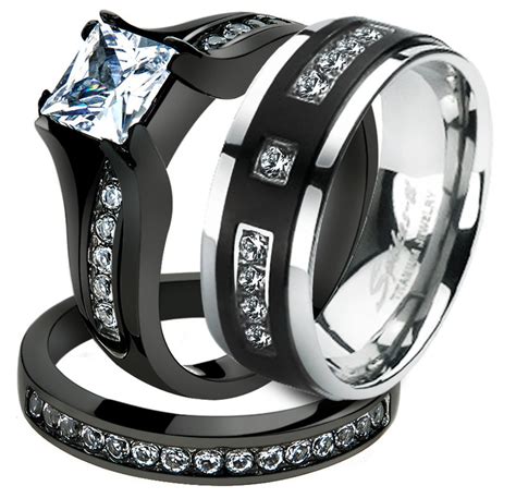 St0w383j Arti4317 His And Her Black Plated Stainless Steel Bridal Ring