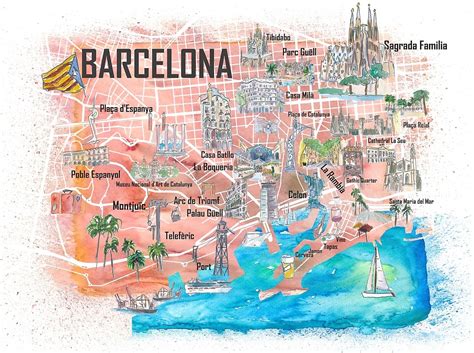 Barcelona Illustrated Travel Map With Main Roads Landmarks And