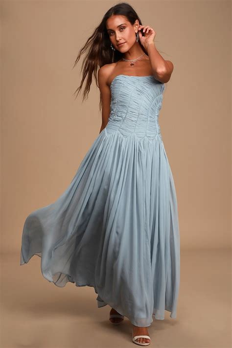 Lovely Dusty Blue Dress Strapless Pleated Maxi Dress Gown Lulus