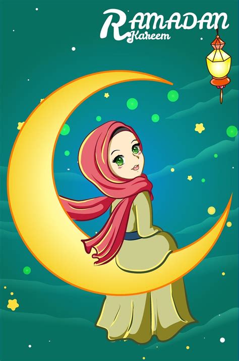 Muslim Girl With Lantern And Moon Ramadan Kareem Cartoon Illustration