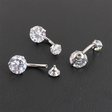 Belly Button Ring All Stainless Steel Prong Setting Double Cz Zircon Internal Thread Body